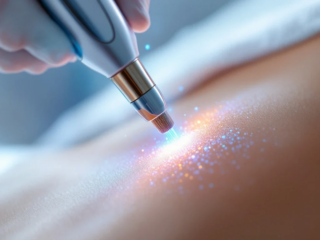 RF-microneedling apparaat met gouden naalden boven huid met pigmentvlekken, blauwe energie-effecten zichtbaar