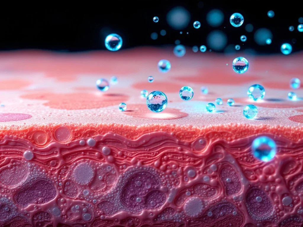 Doorsnede van gezonde huidcellen met melanocyten en gloeiende exosomen die vitiligo-depigmentatie naar normale pigmentatie laten overgaan