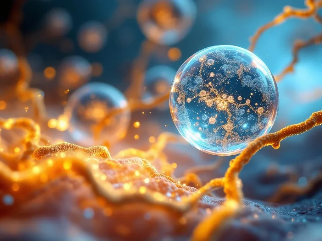 Gloeiende exosomen interacteren met gouden collageen vezels in een cellulaire omgeving voor regeneratieve geneeskunde