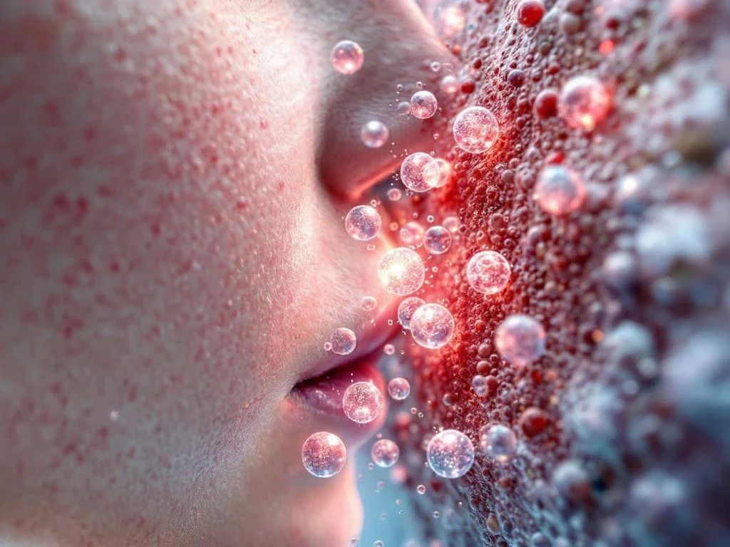 Gezonde huid overgaand naar geïrriteerde eczeem-huid met gloeiende exosoom-deeltjes die genezing bevorderen