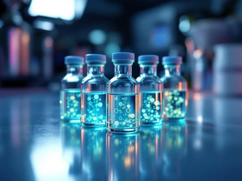 Zes glazen flesjes met bioluminescente exosomen in hexagonaal patroon op wit laboratoriumoppervlak