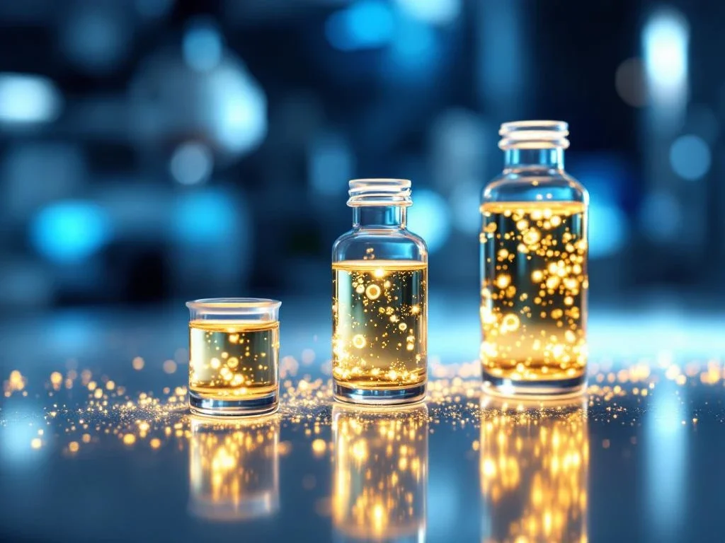 Drie glazen flesjes met gouden exosoom oplossingen op witte medische ondergrond in steriel laboratorium