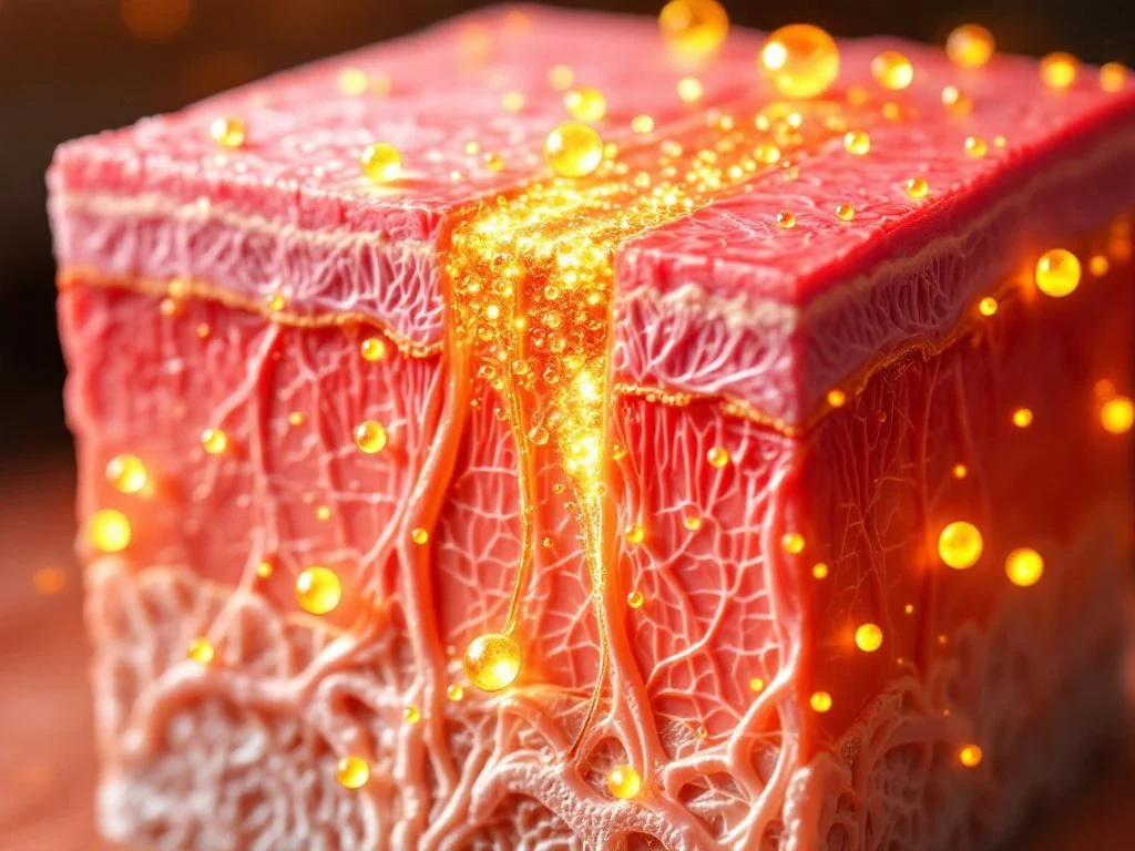 Doorsnede van huidlagen met gouden exosomen die door epidermis en dermis dringen voor celvernieuwing