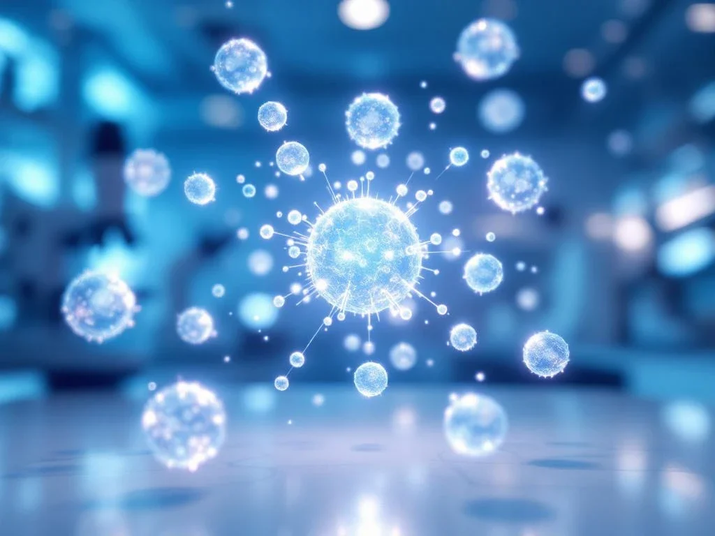 Gloeiende exosomen in medisch laboratorium met geavanceerde huidverzorgingsapparatuur en regeneratie-iconen op achtergrond