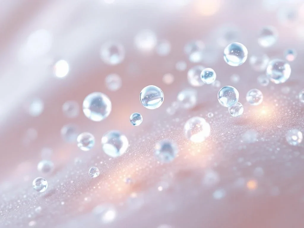 Gloeiende exosoom deeltjes zweven boven gladde huid, medische huidverzorging innovatie met therapeutisch licht