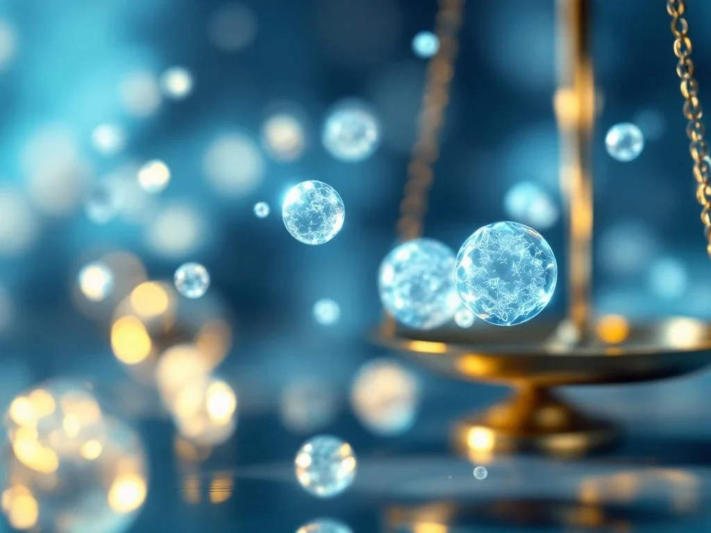 Translucente exosoom vesikels in laboratoriumomgeving met ethische weegschaal op achtergrond, medische esthetiek