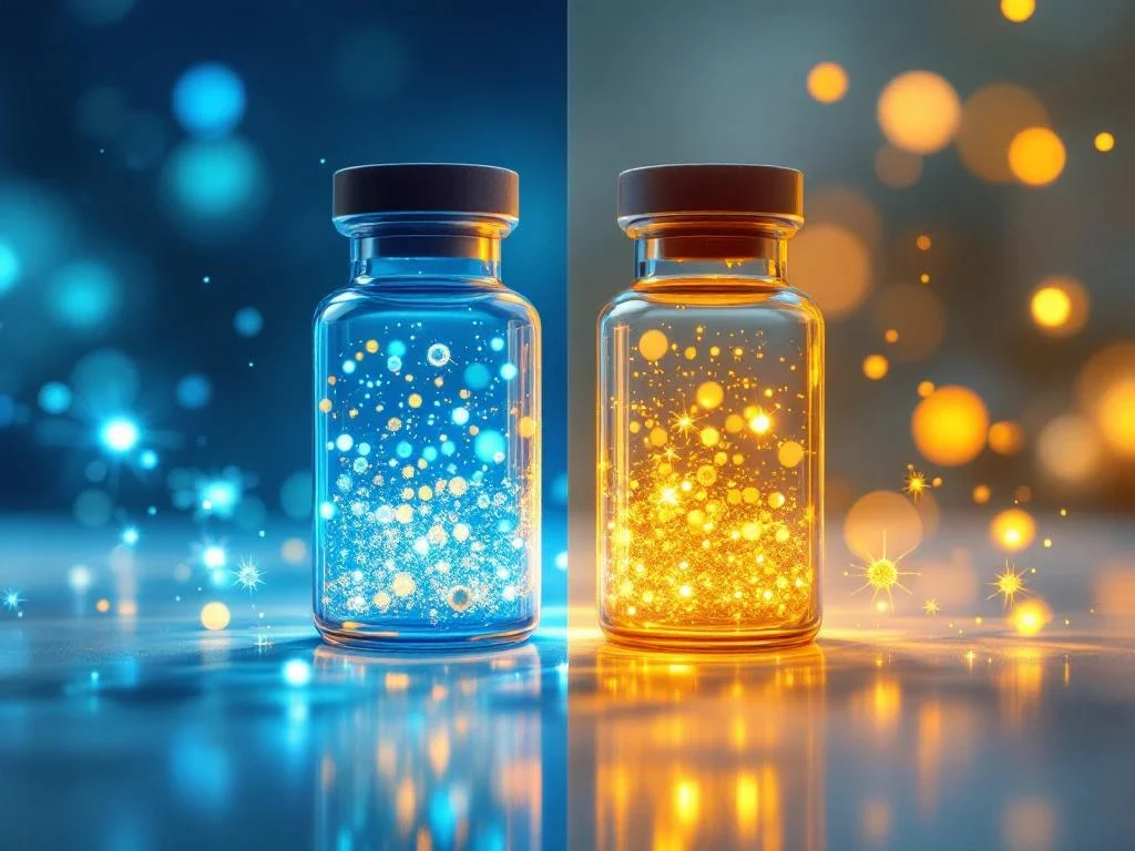 Twee laboratoriumbuisjes met gloeiende exosomen: gouden autologe en blauwe allogene deeltjes op medisch oppervlak