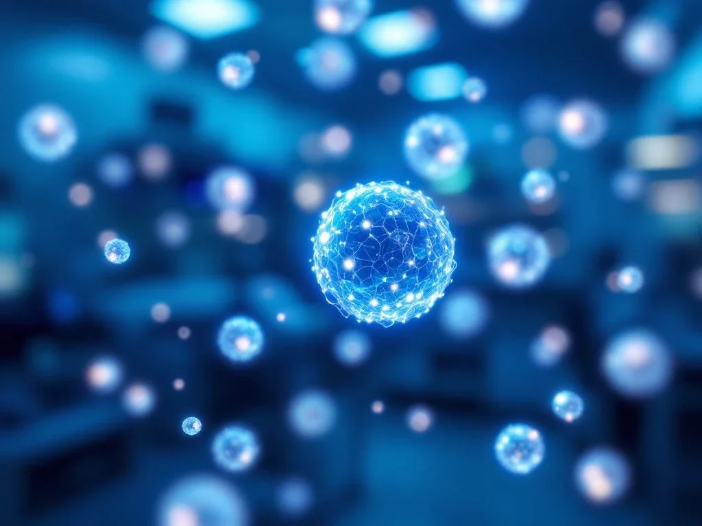 Luminescente exosomen drijven als gloeiende bollen in geavanceerd medisch laboratorium met blauw-wit licht