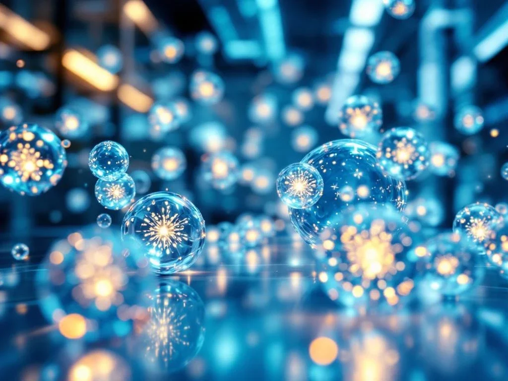 Gloeiende exosomen in close-up in geavanceerd laboratorium, blauw-groene bioluminescentie tegen steriele achtergrond