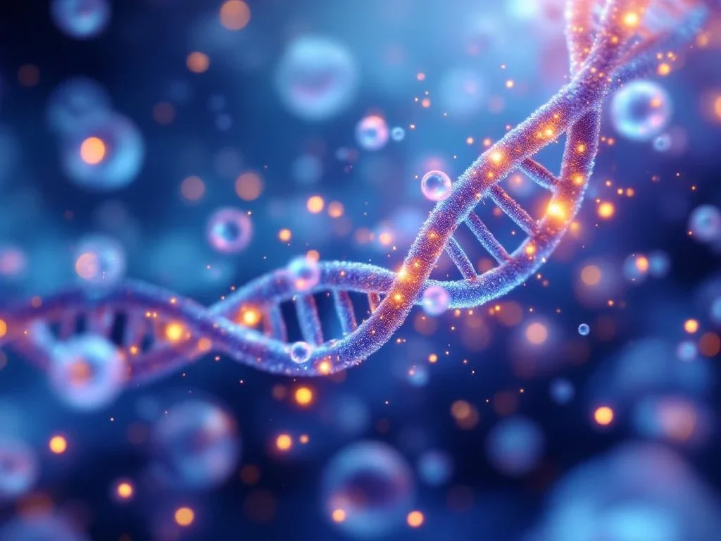 Luminescente exosomen drijven in blauwe medische omgeving met DNA-helix patroon en gouden verlichting