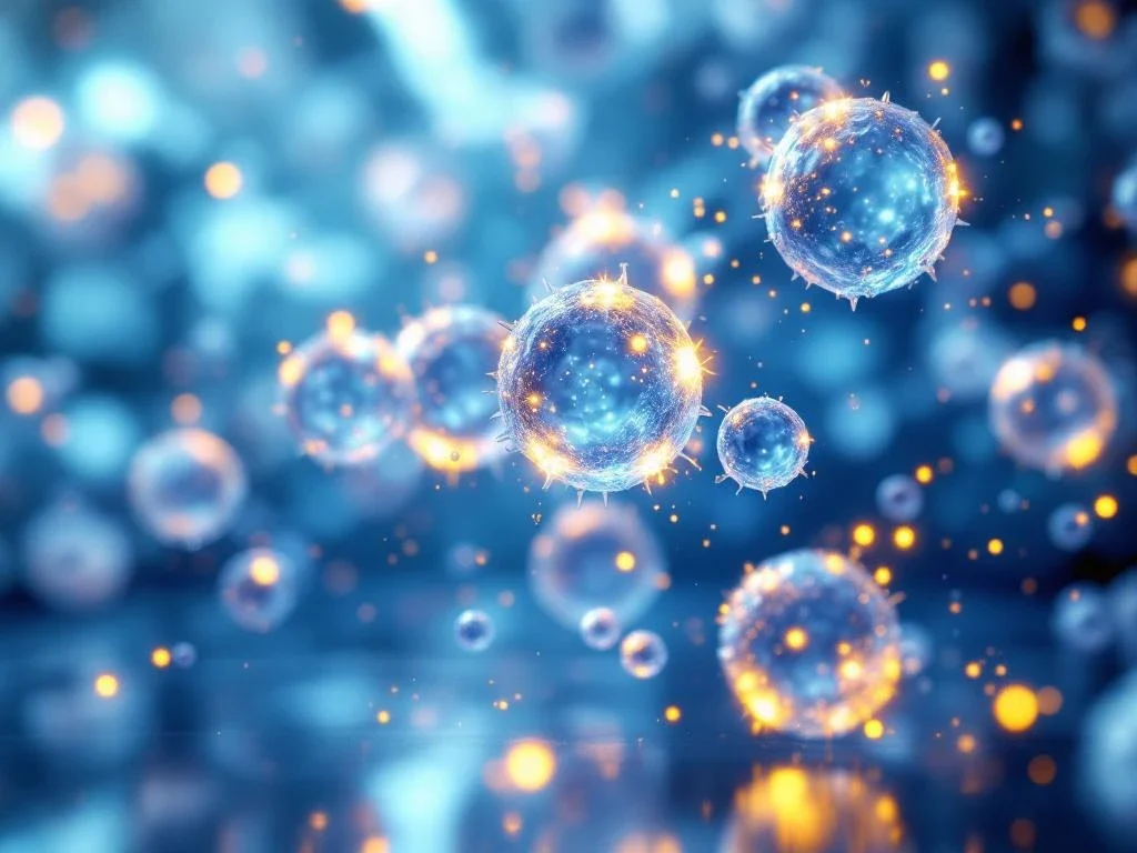 Luminescente exosomen met blauwe en gouden gloed in laboratoriumomgeving voor anti-aging onderzoek