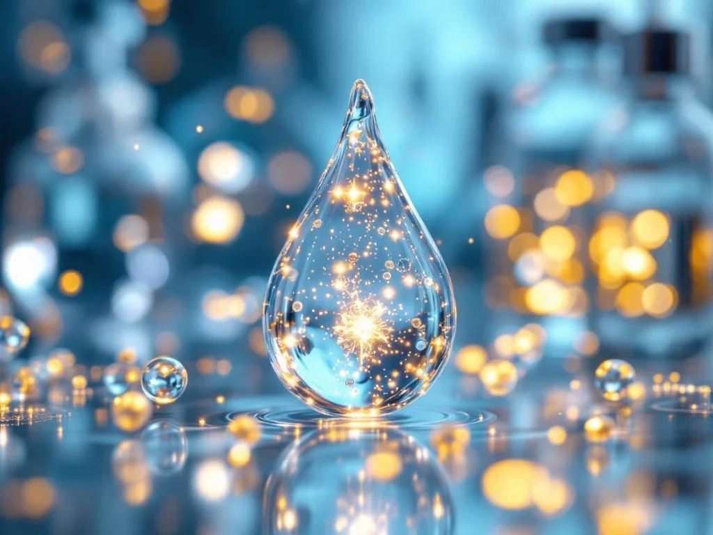 Luminescente exosomen in serumdruppel met gouden en blauwe gloed, laboratoriumapparatuur op achtergrond