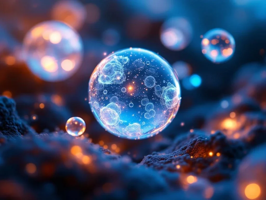 Translucentе exosomen drijven tussen mesenchymale stamcellen in blauw-amber verlichte microscopische omgeving