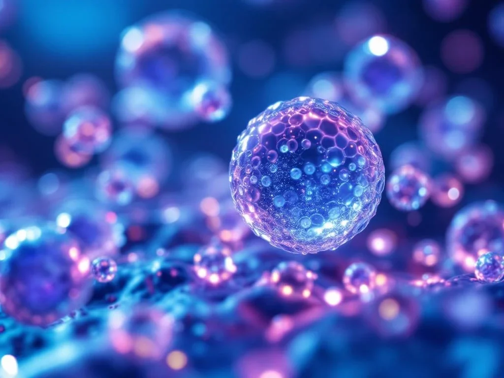 Microscopische exosomen met bioluminescente gloed in laboratoriumomgeving voor esthetische geneeskunde onderzoek