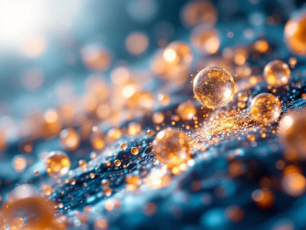 Gloeiende exosomen in kristallijne serum met DNA-helixen op medische blauwe naar witte achtergrond