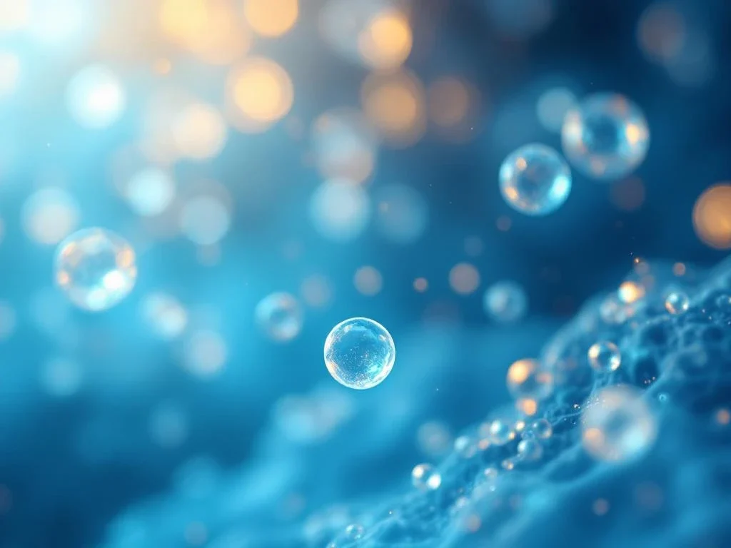 Microscopische exosoom vesikels drijvend in blauwe cellulaire omgeving met gouden lichtstralen voor regeneratieve geneeskunde