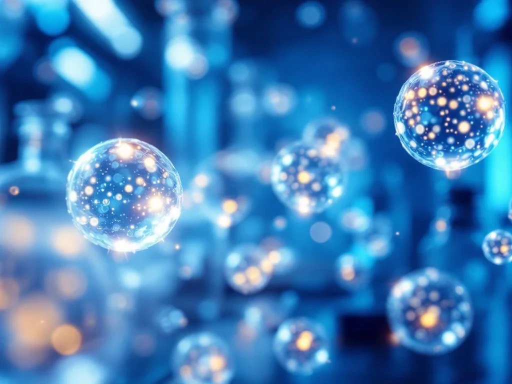 Luminescerende exosomen drijven in laboratoriumomgeving met wetenschappelijke apparatuur op blauwe achtergrond