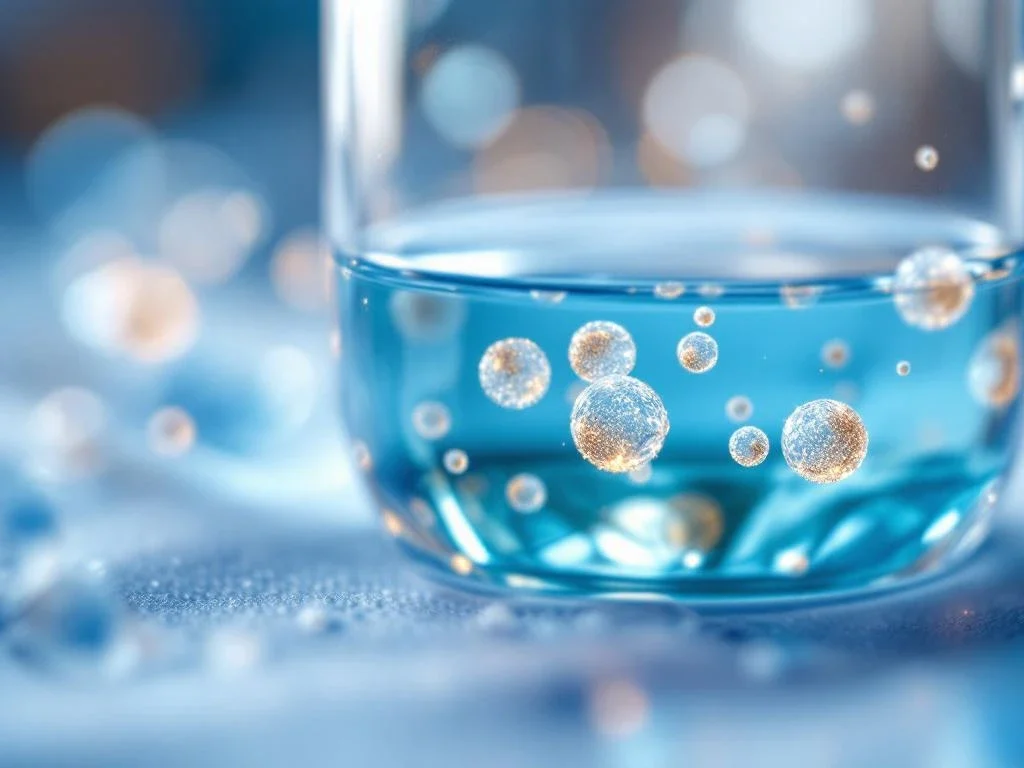 Microscopische exosomen met gouden highlights zwevend in blauwe medische oplossing in laboratoriumflesje