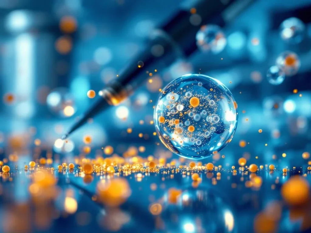 Microscopische exosomen in blauw laboratorium met gouden regeneratiepartikels en medische apparatuur op achtergrond