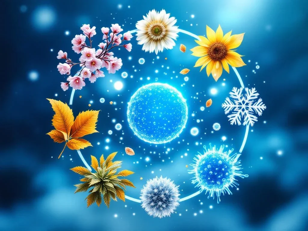 Gloeiende exosoom deeltjes omringd door zes seizoenselementen in circulair patroon tegen medisch laboratorium achtergrond