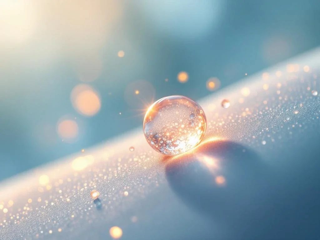 Microscopische exosomen in serumdruppel voor huidverjonging, verlicht tegen steriele medische achtergrond