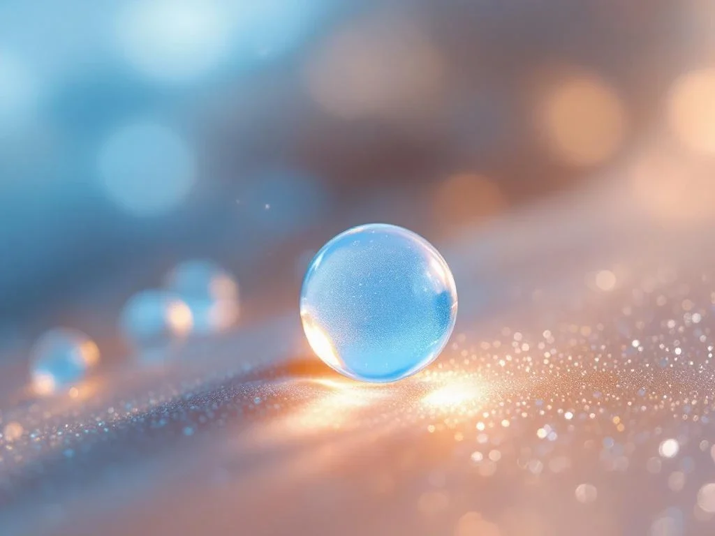 Exosoom vesicles drijvend in blauw serum boven stralende huid, microscopische bolletjes met glanzende membraanstructuur