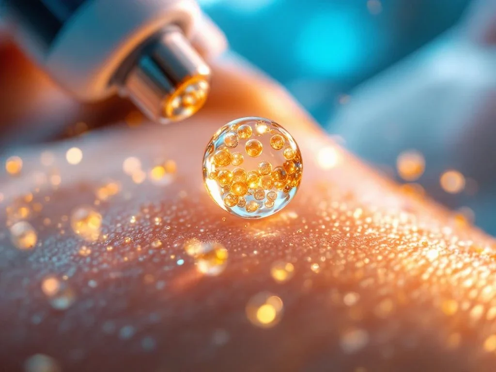 Gouden exosomen in serumdruppel boven huid, verlicht door dramatisch licht in klinische omgeving voor huidverzorging