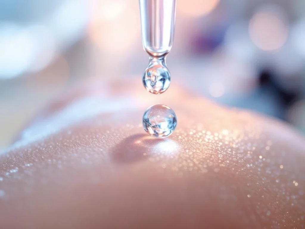 Microscopische exosomen zweven in serumdruppel boven gezonde huid in wetenschappelijk laboratorium voor huidverzorging