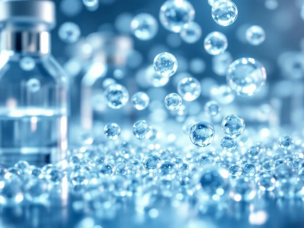 Translucente exosoom vesikels in steriele medische omgeving met laboratoriumapparatuur en klinische instrumenten