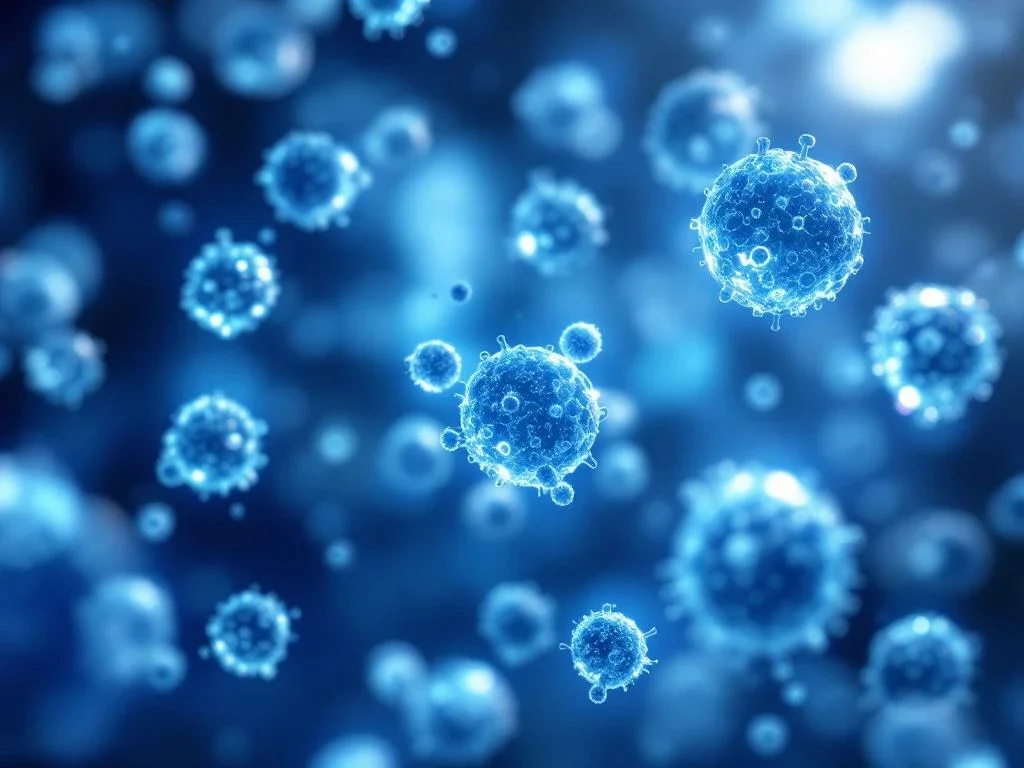 Microscopische exosomen drijven als lichtgevende bolvormige cellen in steriele laboratoriumomgeving voor therapie