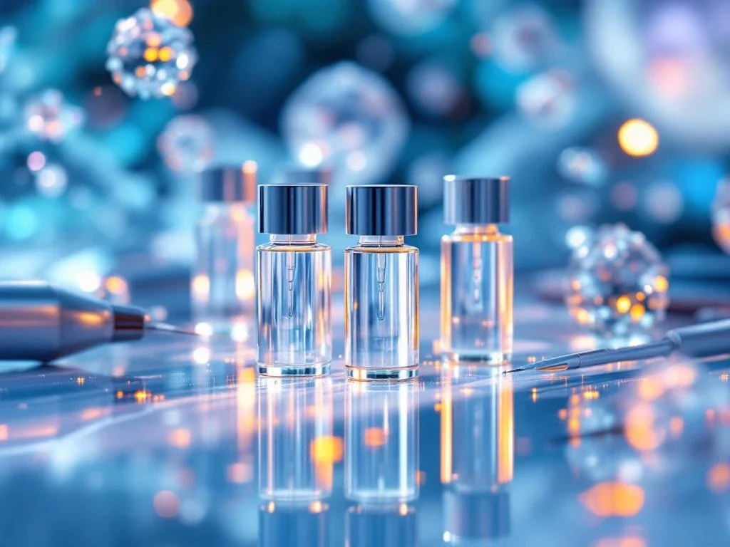 Exosoom flesjes op steriele medische oppervlak met microneedling apparaat en medische instrumenten in klinische setting