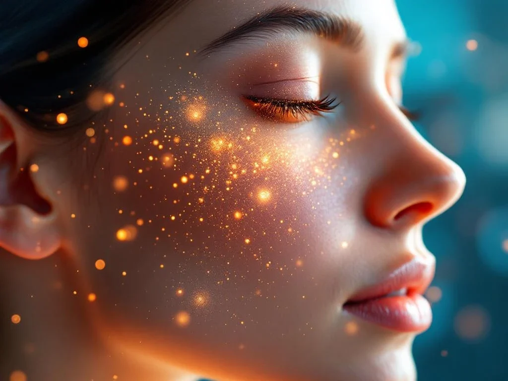 Gezonde huid met gouden gloed toont exosoom deeltjes die huidlagen binnendringen en donkere vlekken verminderen