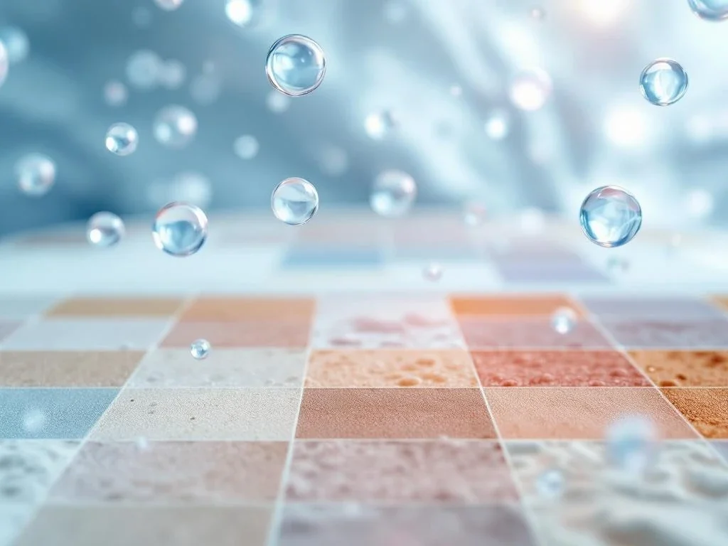 Wetenschappelijke grid met diverse huidtextuurmonsters en gloeiende exosoomdeeltjes in medisch laboratorium