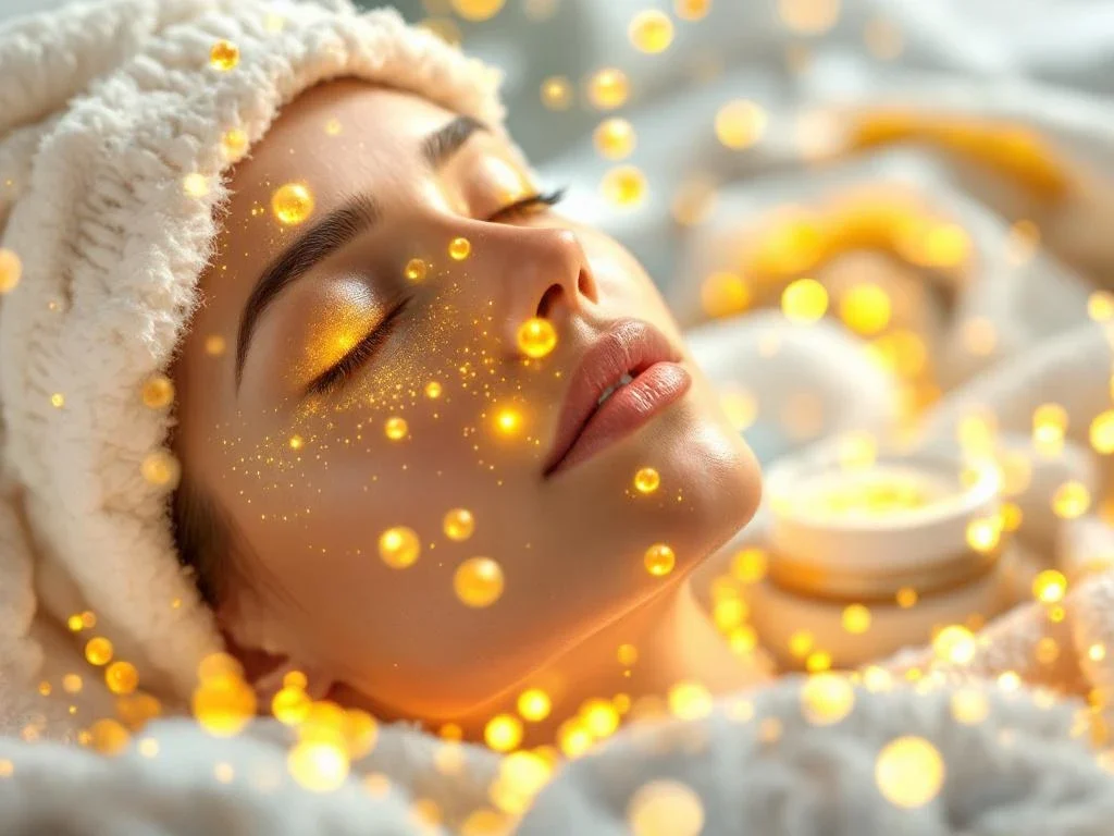 Stralende huid met gouden exosoom deeltjes en luxe huidverzorgingsproducten in spa-achtige setting