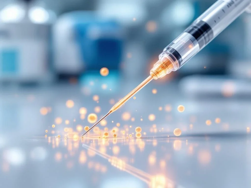 Medische spuit met ultrafijne naald onder 45 graden hoek, gouden exosoom deeltjes rond naaldpunt, steriele laboratoriumomgeving