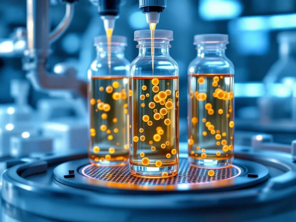 Laboratoriumcentrifuge met glazen flacons met goudkleurige serummonsters voor exosoom-isolatie op steriel werkstation