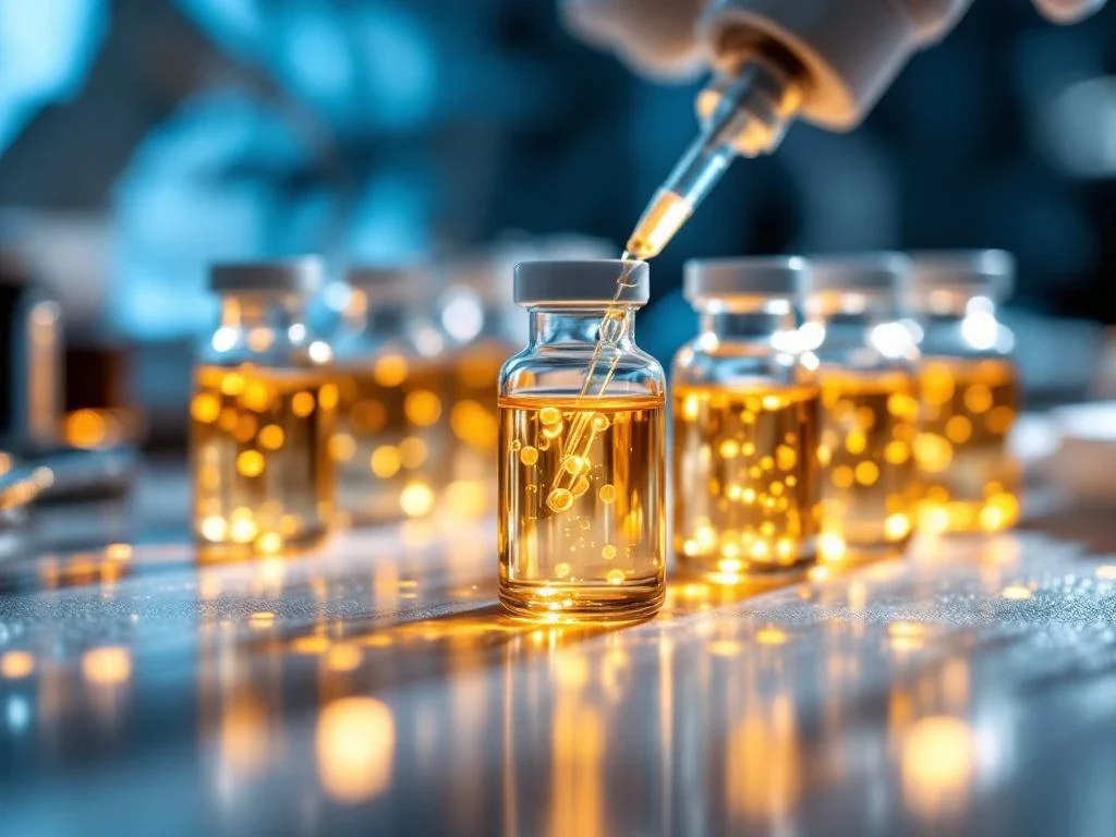 Glazen laboratoriumflesjes met gloeiende exosoom oplossingen op steriele witte medische ondergrond voor onderzoek