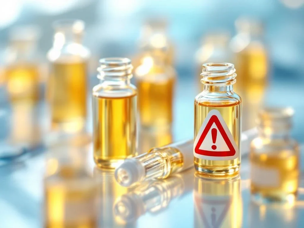 Laboratoriumflesjes met gouden exosoom-oplossingen en rode waarschuwingssymbool op klinische witte ondergrond