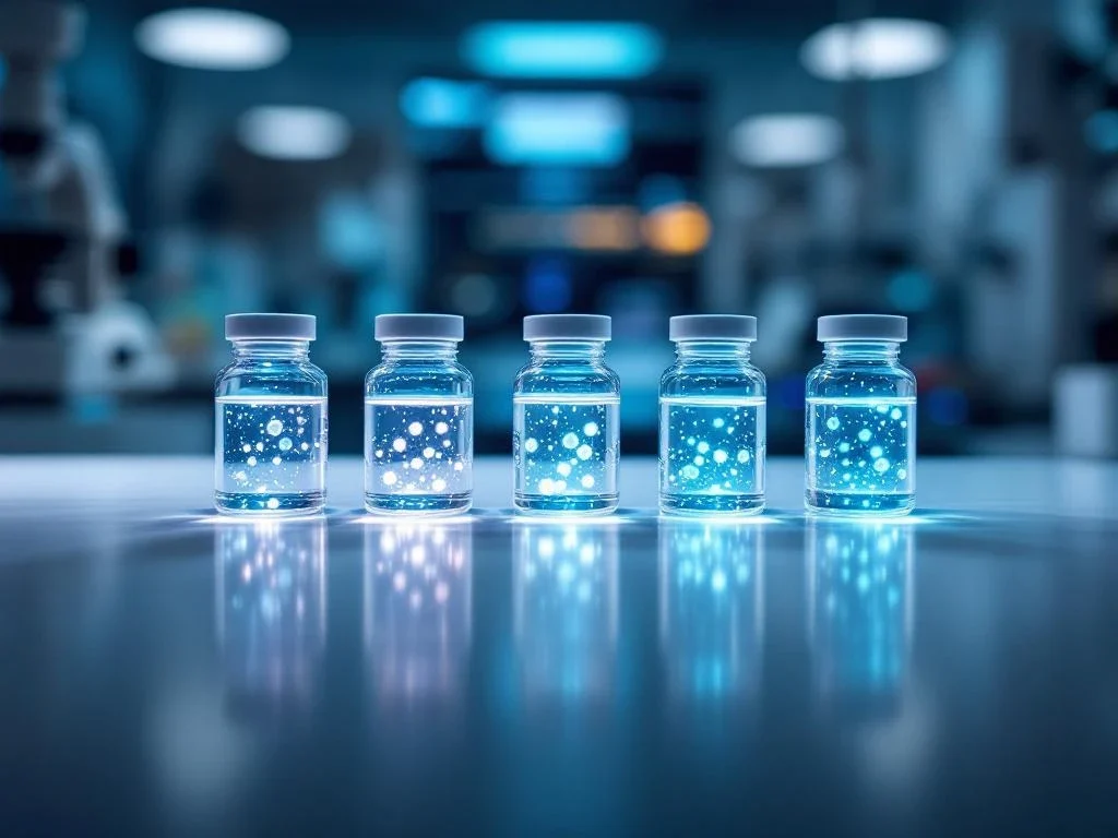 Vijf glazen flesjes met bioluminescente exosomen in laboratorium, verbonden door buizen op steriele witte ondergrond