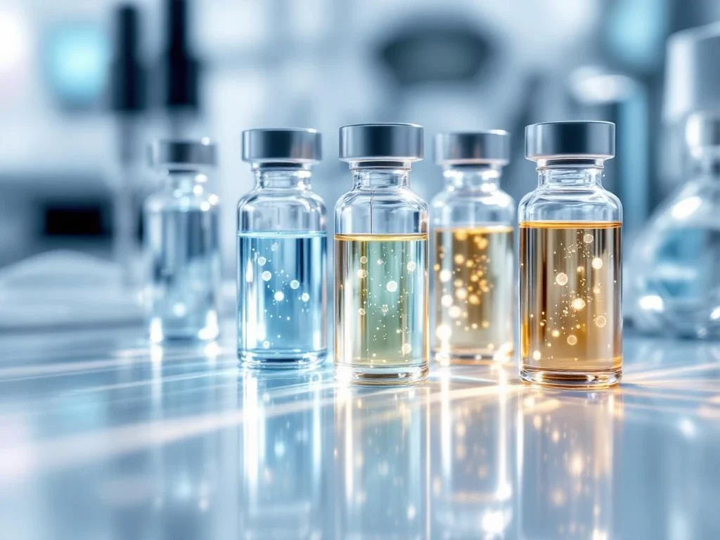 Medische flesjes met luminescente exosoom-oplossingen op wit laboratoriumoppervlak met geavanceerde apparatuur