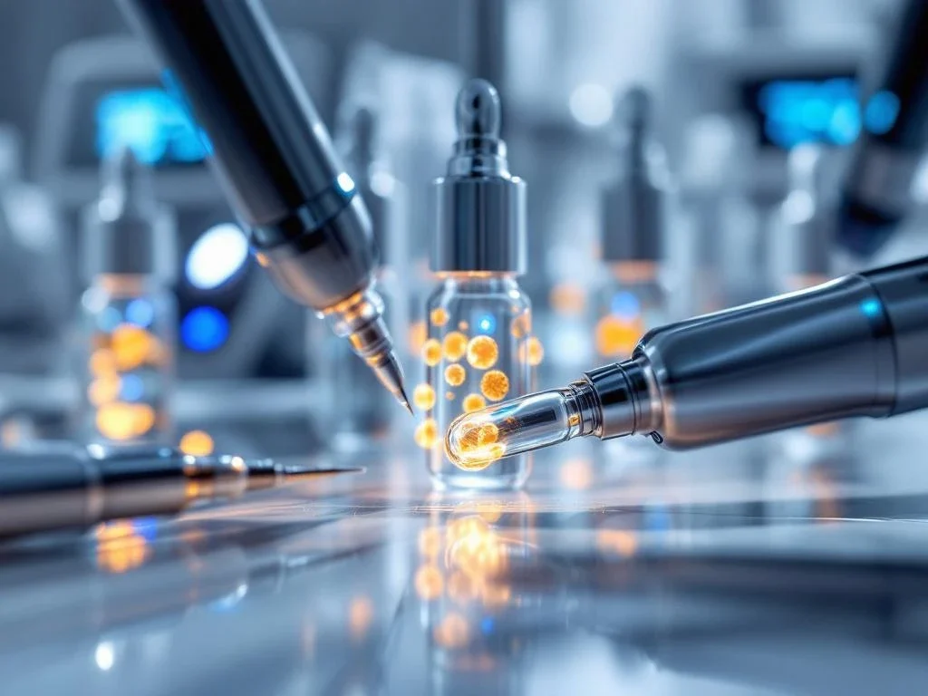 Geavanceerde exosoom therapie apparatuur met LED-indicatoren, glazen flacons met serum en microneedling applicators