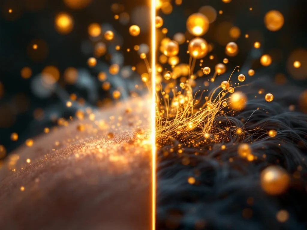 Haarfollikels in hoofdhuid met gouden exosoom deeltjes, voor-en-na vergelijking van haarverlies behandeling