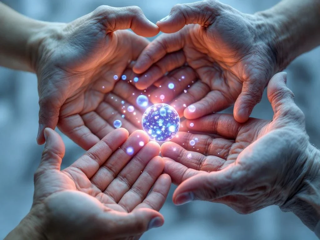Vijf diverse handen van verschillende leeftijden in cirkel met gloeiende blauwe exosoom deeltjes in medische setting