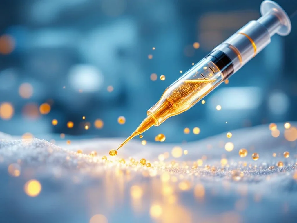 Medische spuit gevuld met gouden exosomen oplossing op witte ondergrond in klinische omgeving