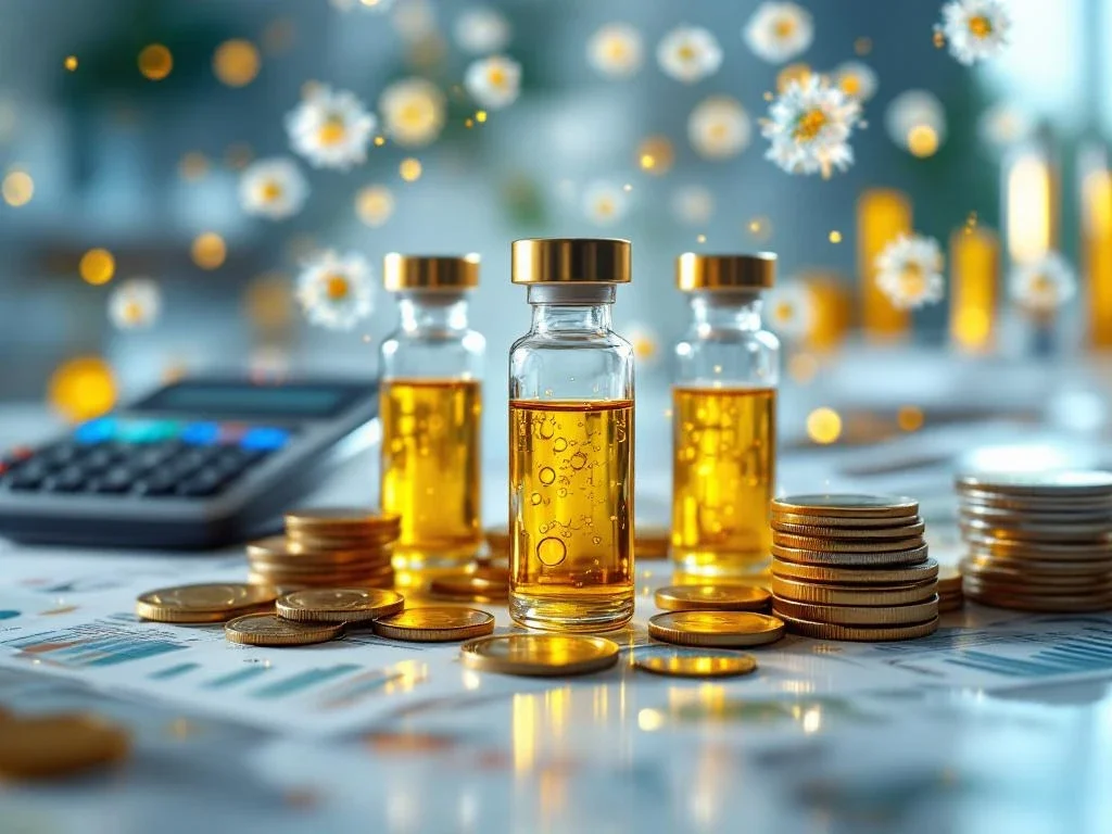 Glazen flesjes met gouden exosoom-oplossingen op laboratoriumoppervlak met weegschaal, munten en rekenmachine