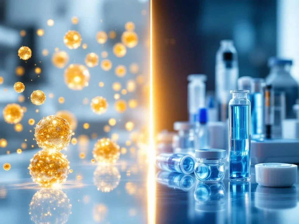 Split-screen vergelijking van exosoom regeneratieve therapie met gouden sferen versus traditionele behandelingen in laboratorium