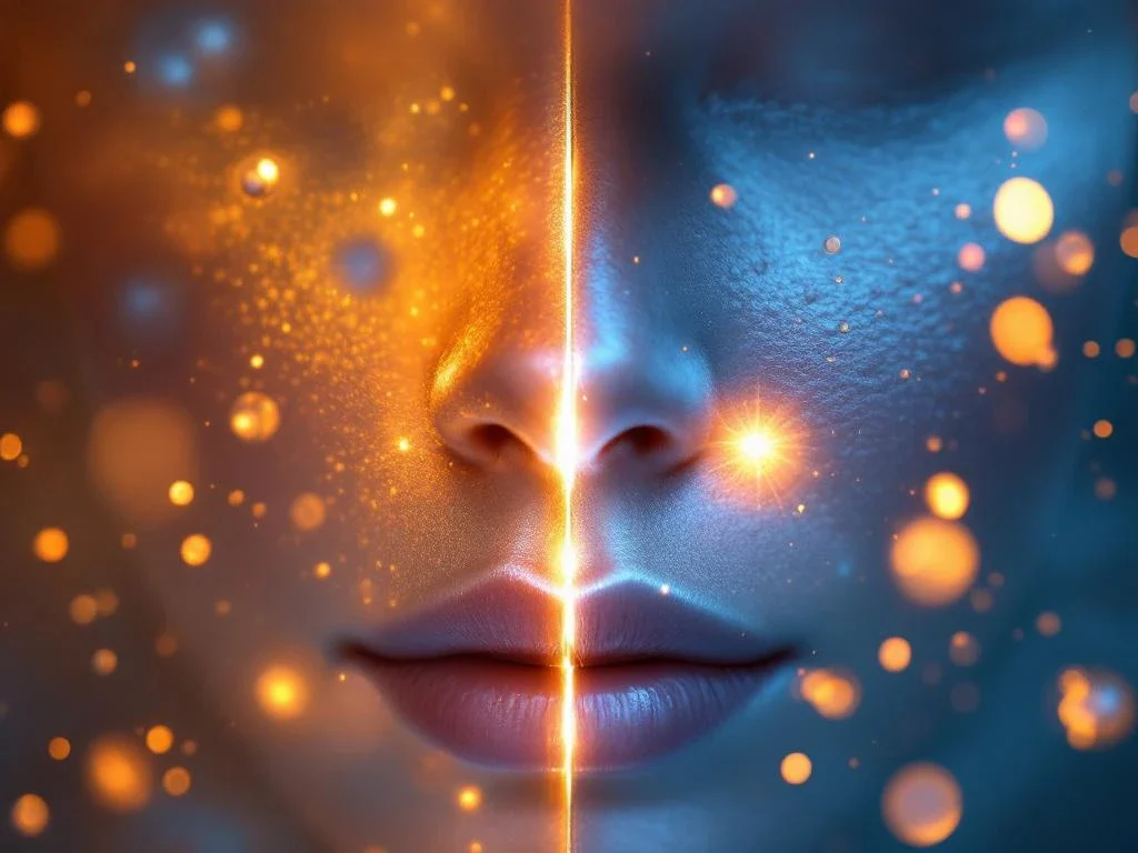 Huidregeneratie van littekens naar gladde huid met zwevende exosomen in gouden-blauwe medische verlichting