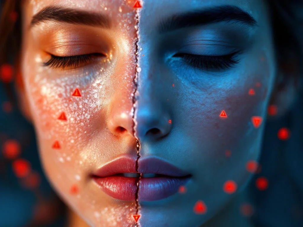 Huidtextuur close-up toont overgang van beschadigde huid naar gladde, gezonde huid met rode waarschuwingssymbolen