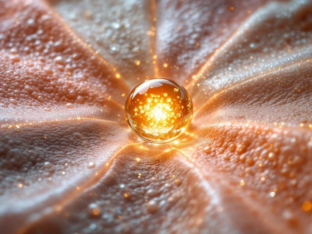 Gouden exosoom deeltje omringd door huidtextuur monsters die acnelittekens, pigmentatie en rimpels transformatie tonen