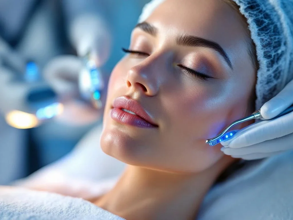 Stralende huid close-up met LED-therapie apparatuur en microneedling tools in klinische omgeving met blauwe verlichting